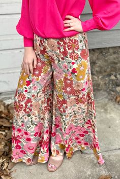 Multicolor Floral High Waist Wide Leg Pocket Pants Multicolor Floral Print Pants For Spring, Spring Multicolor Floral Print Pants, Multicolor Floral Print Wide Leg Bottoms, Multicolor High-waisted Wide Leg Pants With Floral Print, Multicolor High-waisted Floral Wide Leg Pants, Multicolor Floral Print High-waisted Wide Leg Pants, Multicolor Floral High-waisted Wide Leg Pants, Casual Multicolor Floral Print Wide Leg Pants, Pink Wide Leg Pants With Elastic Waistband For Fall