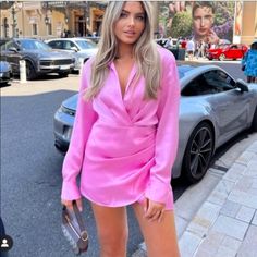 New With Tags Bloggers Favorite! Barbie Pink Wtlrap, Long Sleeves Zara Pink Dress, Mini Dress Hot, Satin Shirt Dress, Wrap Mini Dress, Purple Mini Dresses, Dress Satin, Satin Mini Dress, Polyester Dress, Mini Shirt Dress