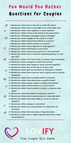 Fun Would You Rather Questions for Couples
HOT Truths or Dares questions for couples
Spicy couple games
Intimate games for couples
Relationship challenges Couple Challenge Questions, Couple Challenges Games, Fun Texting Games For Couples, Would You Rather Couples Edition, Questions To Ask Couples Game, Couples Would You Rather, Icebreaker Questions For Couples, Fun Couple Questions Game, Spicy Truth Or Dare Questions For Couple