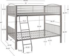 a bunk bed with stairs and measurements for the bottom level, below it is a full size