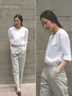 Smart Casual Women Outfits, Smart Casual Women, Casual Work Outfits, Grey Pants, Work Outfits Women, Basic Outfits, Minimalist Outfit, Minimal Fashion