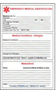 Free Printable Medical ID Cards | Medical ID Wallet Size Cards | MedIDs.com Contact Card Template, Id Card Template, Contact Card, Family Emergency, Emergency Contact, Free Medical