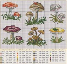 the cross stitch chart shows different types of mushrooms