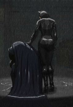 batman and catwoman sitting in the rain with their backs to each other, facing off into the distance