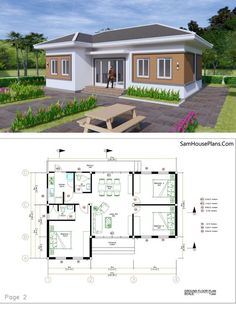 two story house plan with 3 bedroom and 2 bathrooms in the front, an open living area