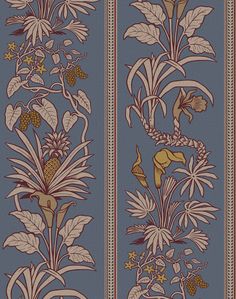 an image of a wallpaper with flowers and leaves in blue tones on the side