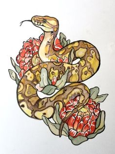 a drawing of a snake with flowers on it's back and its tail curled up