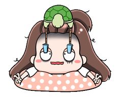 a girl with long hair and a turtle on her head