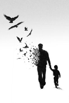 a black and white photo of a man holding the hand of a child as birds fly overhead