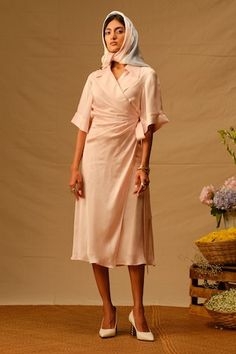 Baby pink shirt wrap dress with assymetrical collar detailing. - Aza Fashions Elegant Pink V-neck Shirt Dress, Asymmetrical Wrap Dress For Spring Formal, Asymmetrical Wrap Dress For Spring Formal Occasions, Spring Formal Wrap Dress With Asymmetrical Hem, Formal Wrap Dress With Asymmetrical Hem For Spring, Elegant Asymmetrical Shirt Dress For Summer, Elegant Asymmetrical Summer Shirt Dress, Elegant Asymmetrical Shirt Dress For Daywear, Spring Asymmetrical Dress With Draped Sleeves