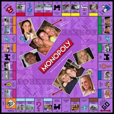 a monopoly board game with pictures of people and words on the front, in purple background