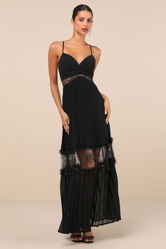 Everyone will be in awe of your aesthetic when you stroll in wearing the Lulus Deeply Stunning Black Lace Pleated Lace-Up Backless Maxi Dress! Lightweight woven fabric shapes this dramatic dress with slender spaghetti straps that lace up the open back, supporting a fitted bodice with a V-neckline and flattering ruching. Sheer lace panels lend a cutout effect to the bodice, atop a tiered skirt with airy pleats, lacy ruffles, and matching sheer panels throughout. Maxi hem completes the look. Hidde Evening Maxi Dress With Lace Trim, Elegant Lace Trim Maxi Dress For Cocktail, Elegant Cocktail Maxi Dress With Lace Trim, Evening Maxi Dress With Lace Trim And Sweetheart Neckline, Evening Maxi Dress With Sweetheart Neckline And Lace Trim, Evening Dress With Lace Trim And Sweetheart Neckline, Sweetheart Neckline Evening Dress With Lace Trim, Party Maxi Dress With Lace Trim And Sweetheart Neckline, Evening Empire Waist Dress With Lined Bodice