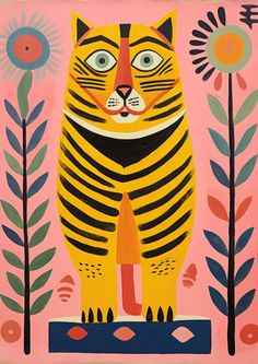 Illustration of a yellow-striped tiger with expressive eyes, surrounded by sunflowers on a pink background, ideal for children's rooms and nurseries. Funky Tiger Art, Funky Colorful Art, Tiger Mural, Tiger Nursery, Tiger Art Print, Colorful Posters, Nursery Illustration, Tiger Artwork, Tiger Poster