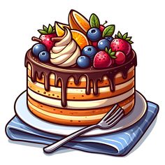 a cake with chocolate icing and fruit on top, sitting on a plate next to a fork