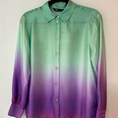 Colorful Brand New, Never Worn Zara Women’s Shirt. Size Small Purple Silk Long Sleeve Tops, Long Sleeve Purple Silk Tops, Zara Multicolor Button-up Blouse, Fitted Purple Zara Blouse, Lavender Long Sleeve Summer Shirt, Zara Lavender Casual Tops, Purple Silk Blouse For Spring, Zara Purple Long Sleeve Blouse, Faux Leather Top