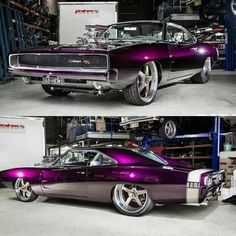 two pictures of an old car with purple paint and chrome rims, one in the process of being restored