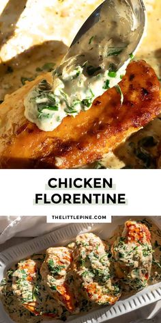 chicken florentie with spinach and cream sauce on top is shown in this collage