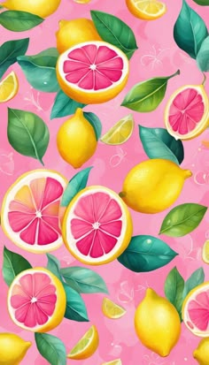 a pink background with lemons and leaves