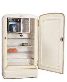 an open refrigerator with the door opened and food in it's bottom shelf, on a white background