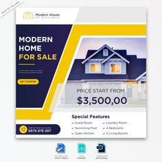 a flyer for a home sale with an image of a house on the front and side