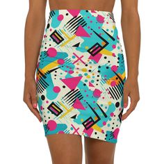 Step back in time and embrace the vibrant energy of the 90's with our 90's Style Skirt. This fun and fashionable women's skirt is a true homage to the era of grunge, pop culture, and bold fashion statements. Crafted with a high-waisted design, our pencil skirt captures the essence of the 90's revival effortlessly. The vintage vibe is further accentuated by its retro-inspired print, transporting you back to a time of funky patterns and eye-catching designs. It's a perfect blend of nostalgia and contemporary style. Made with care and attention to detail, this skirt offers a comfortable and flattering fit. The high-waisted silhouette enhances your curves, while the above knee length adds a touch of playfulness and showcases your legs. It's versatile enough to be dressed up or down, making it 90s High Waist Fitted Skirt, High Waist Fitted 90s Skirt, Retro Graphic Print Skirt For Spring, Retro High Waist Fitted Skort, Retro High-waist Fitted Skort, Y2k Style Multicolor Summer Skirt, Y2k Style Multicolor Mini Skirt, Y2k Style Multicolor Mini Skirt For Spring, Y2k Multicolor Mini Skirt For Spring