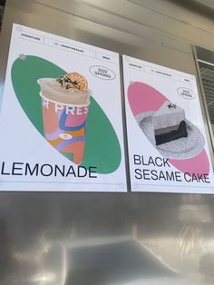 two posters are hanging on the side of a refrigerator door that says lemonade and black sesame cake