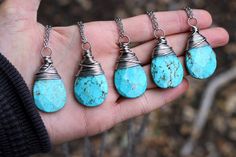 "I absolutely love these long turquoise blue magnesite necklaces! They are all so richly blue with beautiful earth-toned matrices. I wrapped them interestingly in silver filled wire with a patina to darken the recesses. They dangle on longs stainless steel chain. Wear them solo or layer them with other long boho necklaces! They will be your new favorite! Give even the simplest t-shirt and jeans outfit a bohemian flare with a pop of beautiful blue. - Turquoise magnesite teardrop pendants measure Long Turquoise Necklace, Jeans And T Shirt Outfit, Deer Girl, Boho Necklaces, Long Necklace Boho, Turquoise Pendant Necklace, Large Stone, Necklace Turquoise, Simple Tshirt