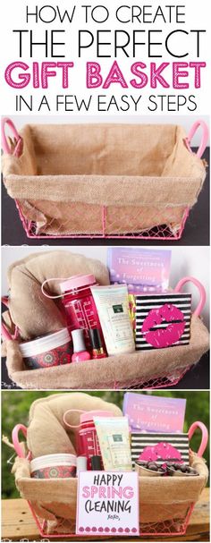 a basket filled with personal care items and the words how to create this perfect gift basket in few easy steps