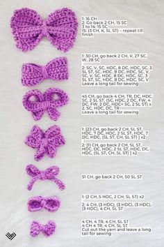 crocheted bow ties and headbands are shown in three different sizes, with instructions to make them