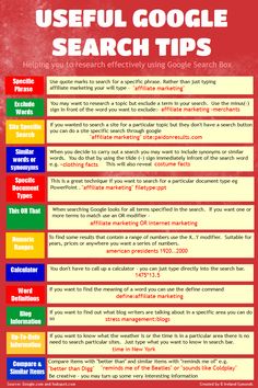 the useful google search tips guide is shown in red and yellow, with text on it