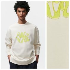 Nwt. Zara Man Ecru Abstract Print Oversized Sweatshirt With A Round Neckline, Long Sleeves, Print Detail On The Front, Ribbed Trims. Size S, M. Ref. 5372/409. M. Beige Letter Print Sweater For Spring, Spring Cream Cotton Sweatshirt, Beige Crew Neck Sweatshirt With Graphic Print, Spring Sweatshirt With Graphic Print And Drop Shoulder, Drop Shoulder Graphic Print Sweatshirt For Spring, Oversized Cream Sweatshirt With Letter Print, Off White Cotton Sweatshirt For Fall, Cream Graphic Print Top For Loungewear, Spring Drop Shoulder Sweatshirt With Graphic Print