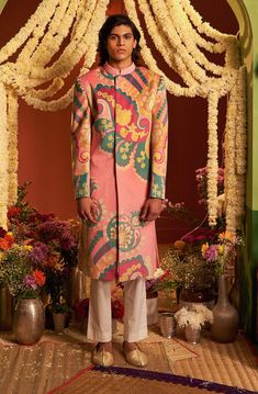 Siddhartha Bansal-Pink Royal Paisley Sherwani With Churidaar-INDIASPOPUP.COM Siddhartha Bansal, Pink Sherwani, Abstract Print Pattern, Embroidered Buttons, Wedding Sherwani, Abstract Floral Print, Floral Abstract, Pink Suede, Female Model