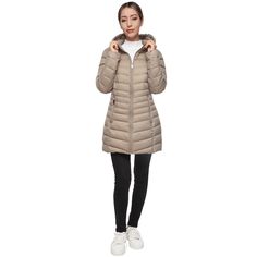 This Rokka&Rolla Women's Hooded Water-Resistant Lightweight Packable Long Coat Puffer Jacket is at mid-length which is great for casual, everyday wear. What makes this women's lightweight puffer jacket unique is because of its packable and foldable feature into a travel-sized pouch while still remaining compact. With a water-resistant DWR finish, it allows you to stay dry at all times when partaking in outdoor activities. The women's bubble coat is heat insulated to keep you staying warm and coz Casual Winter Outerwear With Detachable Hood, Nylon Parka For Cold Weather, Lightweight Solid Outerwear For Fall, Casual Beige Parka For Winter, Beige Nylon Outerwear For Fall, Spring Stretch Outerwear For Outdoor Activities, Lightweight Casual Outerwear In Solid Color, Beige Outerwear With Adjustable Hood For Outdoor Activities, Casual Winter Stretch Puffer Jacket