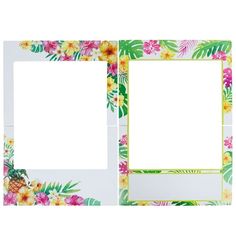 an empty photo frame with tropical flowers and pineapples on the front, in white background