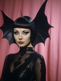 a woman with black hair and bat wings on her head, wearing a black dress