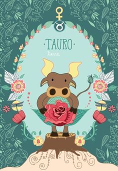 an animal holding a flower on top of a tree stump with the zodiac sign tauro in