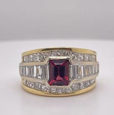 (eBay) Find many great new & used options and get the best deals for 18K Yellow/White Two Tone Garnet & Natural Baguette Princess Cut Diamond Ring at the best online prices at eBay! Free shipping for many products! Luxury Emerald Cut Rings Of Aaa Quality, Luxury Emerald Cut Aaa Quality Rings, Luxury Emerald Cut Rings With Aaa Quality, Elegant Ruby Ring With Baguette Diamonds For Formal Occasions, Elegant Ruby Ring With Baguette Diamonds For Formal Events, Gia Certified Baguette Cut Ruby Ring For Anniversary, Luxury Ruby Ring With Baguette Diamonds, Luxury Ruby Ring With Baguette Diamonds For Anniversary, Formal Fine Jewelry Ruby Ring With Baguette Cut