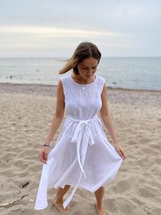 Vacation dress Summer linen dress Drop waist dress White | Etsy Flowy A-line Sleeveless Dress For Beach, Flowy A-line Sleeveless Beach Dress, Linen A-line Midi Dress For Vacation, White Linen Sleeveless Dress For Beach, Summer Linen A-line Sleeveless Dress, Summer A-line Linen Dress For Vacation, White Linen Sleeveless Summer Dress, White Linen Dress For Day Out, Linen A-line Sundress For Day Out