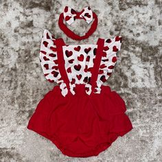 Baby Girl Red And White Heart Romper With Matching Headband And Adjustable Back Straps. Set Is New, Never Worn. This Set Was Gifted To My Daughter And Did Not Include Inner Sizing Tag. Cute White Sets With Heart Print, Cute White Heart Print Sets, Cute Heart Print Summer Sets, Cute Red Playwear Sets, White Heart Print Sets For Summer, White Heart Print Summer Sets, Sweats Set, Bunny Onesie, Gold Pants