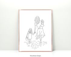 a drawing of a mother and daughter holding hands while walking in the water, on a white background