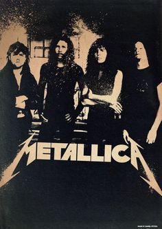 the band metallicica is shown in this black and white poster with gold foil on it