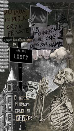 a collage of various images with words and pictures on them, including a skeleton holding a sign