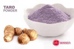 a white bowl filled with purple powder next to two ginger root pieces and the words, taro powder