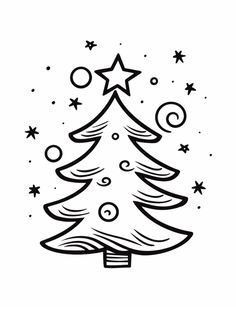 a black and white drawing of a christmas tree with stars on it's top