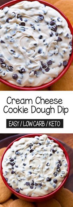 cream cheese cookie dough dip in a red bowl