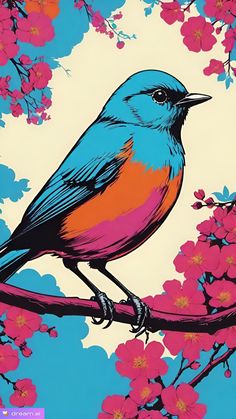 a blue bird sitting on top of a tree branch with pink flowers in the background