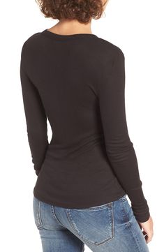 A stretchy rib-knit design perfects the figure-flaunting fit of this lithe, long-sleeve tee. 25 1/2" length (size Medium). Crewneck. Long sleeves. 97% viscose, 3% spandex. Hand wash cold, dry flat. By BP.; imported. BP. Not available for sale and shipment to Germany. Stretch Turtleneck Top With Ribbed Neckline, High Stretch Ribbed Long Sleeve Tops, Stretch Tops With Thumbholes For Fall, Winter Stretch Top With Ribbed Neckline, Stretch Winter Top With Ribbed Neckline, Stretch Tops With Ribbed Neckline For Winter, Stretch Top With Ribbed Neckline For Winter, Long Sleeve Turtleneck For Layering With Ribbed Neckline, Stretch Fine Knit Long Sleeve Top