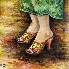 "A traditional footwear ( beaded shoes )of a  Peranakan women dressed in a unique, colourful \"Nyonya Kebaya\" attire . ( Painting attached to wooden frame - ready to be hung ) The Peranakans unique style in clothing and fashion was mainly influenced by the Chinese and Malay cultures - that is the \"baju kebaya\". The blouse is known as \"baju kebaya\", and the skirt is known as the \"sarong\". The kebaya is worn with a batik sarong and matched with \"manek\" (beads) shoes. Origin of the  Perana Traditional High Heel Festive Heels, Traditional High Heels For Festive Occasions, Traditional Multicolor Heels For Spring, Traditional Multicolor Spring Heels, Traditional High Heels For Spring, Traditional High Heel Spring Heels, Traditional Handwork Heels For Festivals, Traditional Handmade Closed Toe Heels, Traditional Multicolor Round Toe Heels