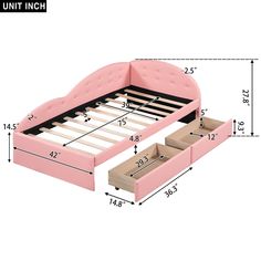 a pink bed frame with drawers on the bottom and bottom, measurements for each mattress