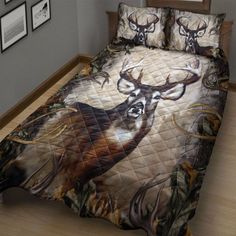 a bed with a deer head on it